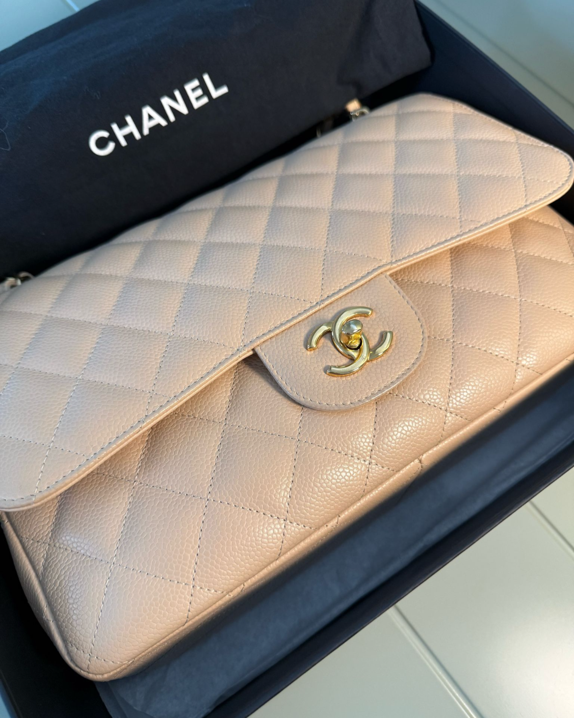 Chanel Classic Double Flap Beige Caviar Leather Jumbo